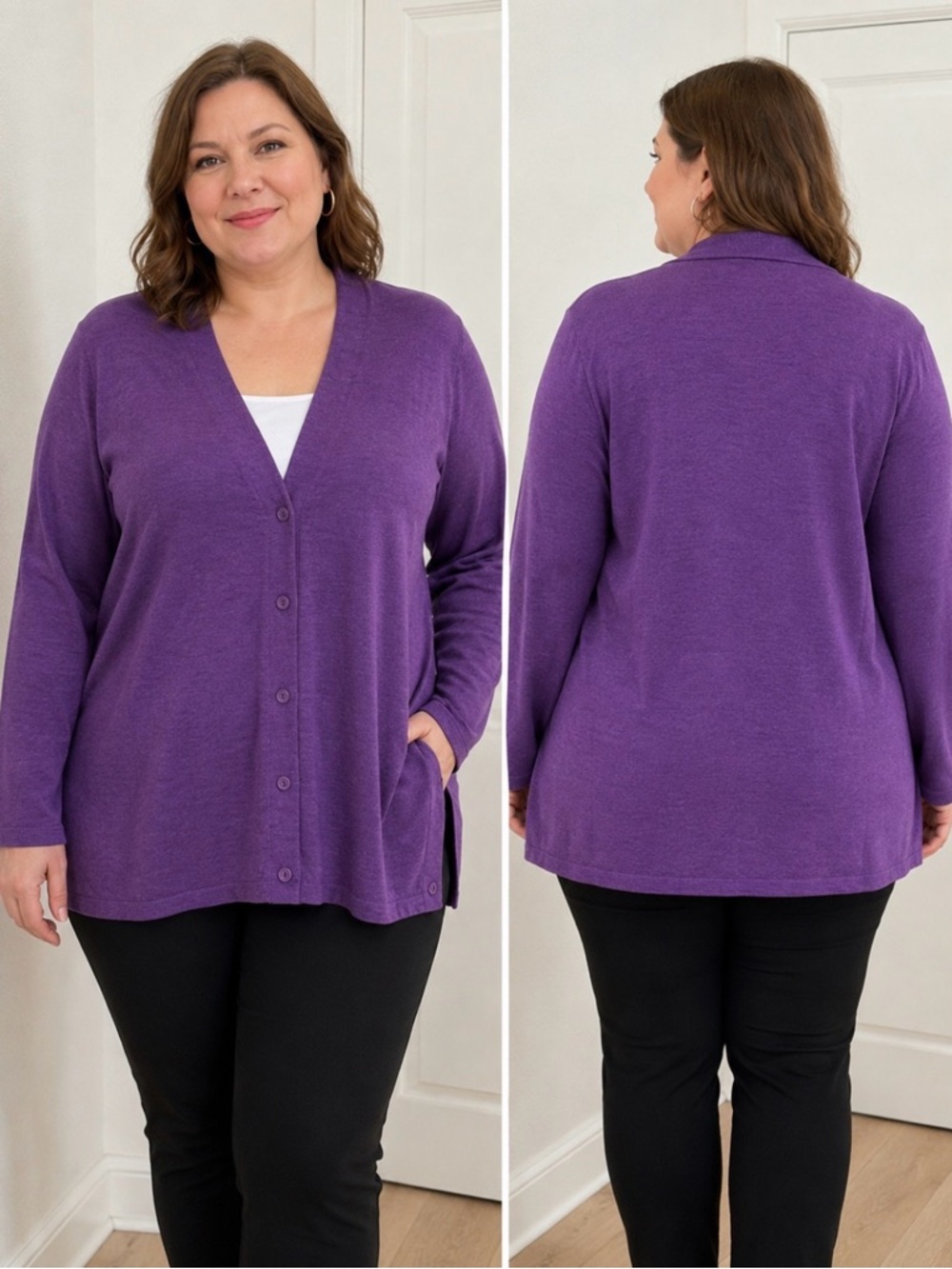 Eileen Fisher 100% Merino Wool Purple Button Front Lightweight Cardigan Size L